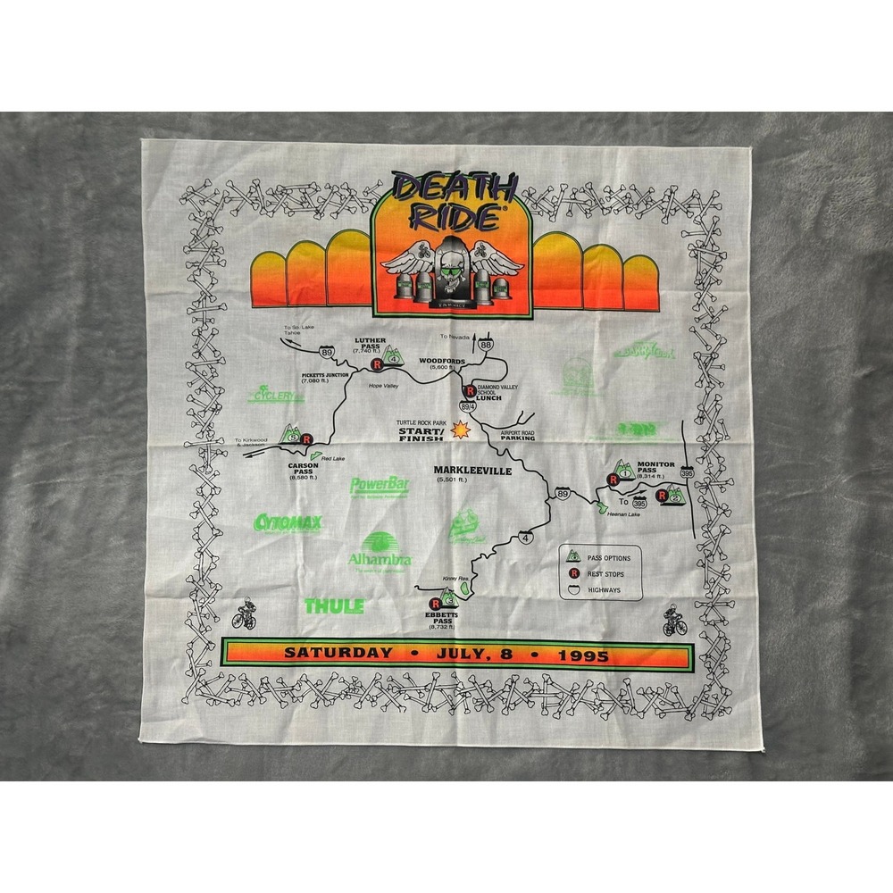Death Ride 1995 Cycling Map Bandana White Green Orange Skull Wings Vintage